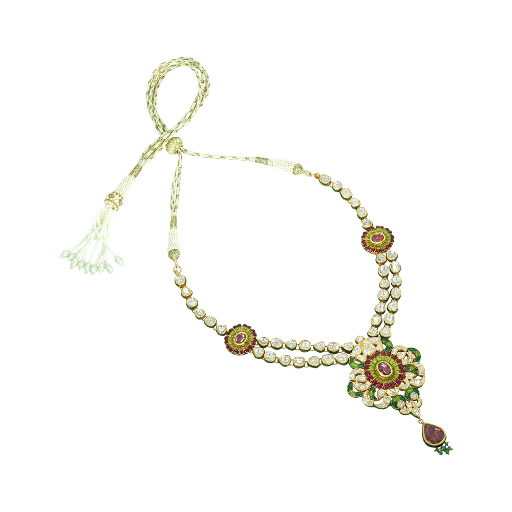 Double-String Polki Necklace with Enamel Flowers and Rhodolite